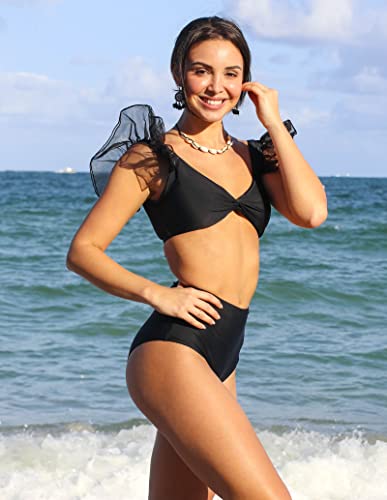 Sporlike Women High Waisted Swimsuit Organza Ruffle Bikini Twist Front Bathing Suit(Black 6,Medium) #TOP3