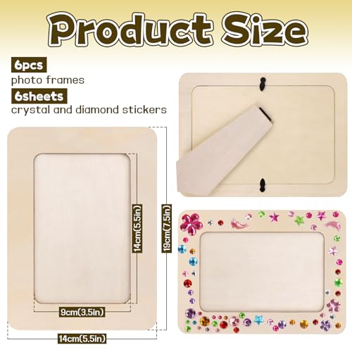 VOKOY 6 Pcs Wood Picture Frames with 6 Sheets Crystal Diamond Stickers, DIY Unfinished Standing Photo Frames Wooden Decorate for Halloween Christmas Valentine\'s Day Gifts, Fits 4 X 6 Inch Photo