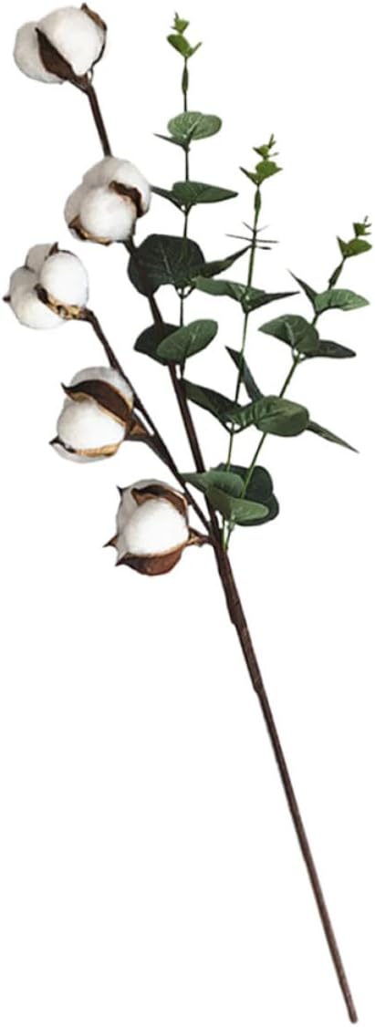 jojofuny Balls Dried Cotton Flower with Artificial Eucalyptus Leaf Decorative Floral Branch for Wedding Party Home Decor High Simulation and Fade Resistant Cotton Stem