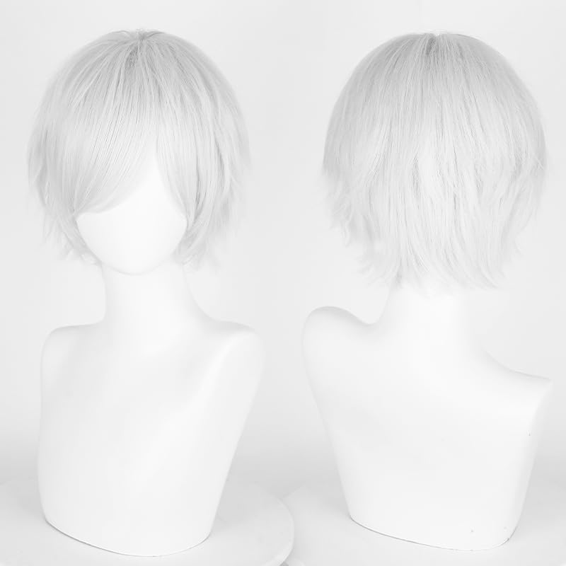 Image of LABEAUTE Unisex Short Silver White Cosplay Wig Male Man Woman With Bangs Anime Fluffy Cosplay Hair Wigs for Party and Halloween for Gift + Free Cap