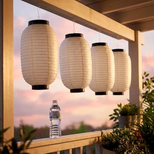 Image of LOGOFUN 4Pcs Japanese Style Hanging Lantern 8 Inch | Paper Material; Waterproof; For Sushi Bar Traditional Restaurant Indoor Outdoor Decoration; White