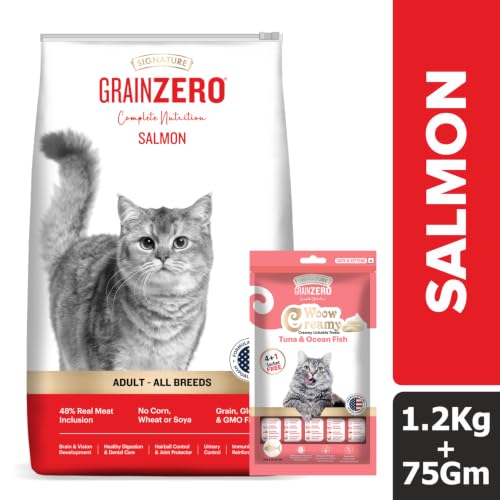 Image of Grain Zero Adult Dry Cat Food 1.2kg + 75g Creamy Treat (Free) | Salmon | 48% Fresh Fish Inclusion, No Grain Formula, Gluten-Free | Promotes Healthy Skin & Coat | All Breeds