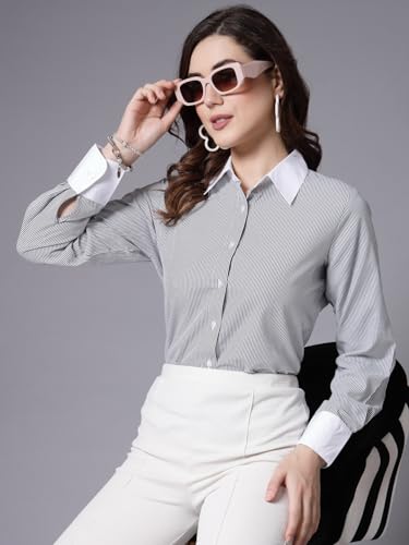 Image of Style Quotient Women Stripe Polycotton Regular Fit Colorblock Formal Shirt