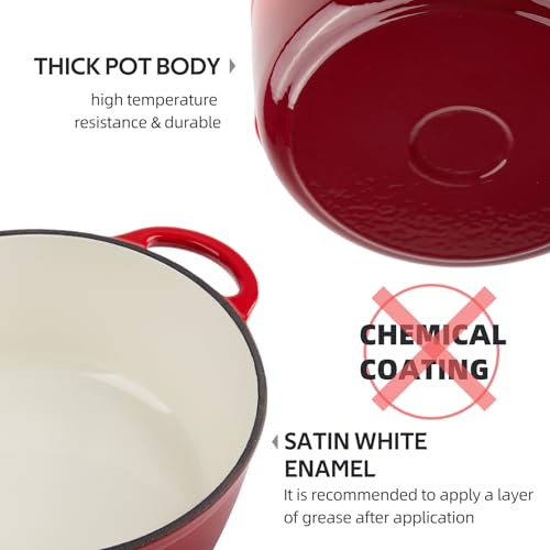 Image of 3 Quart Dutch Oven Enameled Cast Iron with Lid - Big Dual Handles - Oven Safe up to 500F - Classic Round Pot for Versatile Cooking Red