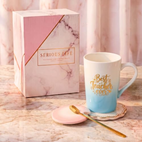 Image of ZAICUS Best Teacher Ever Coffee Mug with Lid & Spoon, Ceramic Gift Mug | Ideal Teacher Appreciation Gift | Ideal for Coffee, Tea & Daily Use | White & Blue Gradient Design