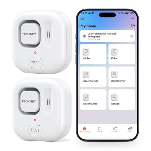 TECKNET 2PC Smart Wassermelder, WLAN Wassersensor mit kostenlosen Batterien, 120dB Einstellbarer Alarm & App-Benachrichtigung, IP67 kompakter Überschwemmungssensor für Küchen, Badezimmer (nur 2.4G)