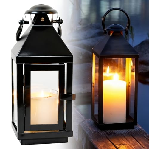 Laterne Schwarz, 22x10cm Metall Kerzenlaterne Outdoor, Grablaterne Friedhof Wetterfest, Gartenlaterne Metall Kerzenhalter Glaslaterne Deko für Outdoor Wänden Wohnzimmern Tischen Balkon Bars Veranden