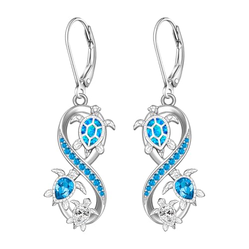 Sea Turtle Earrings for Women Infinity Dangle Earrings Sterling Silver Trendy Blue Opal for Lovers Gifts Leverback Hawaiian Ocean Jewelry