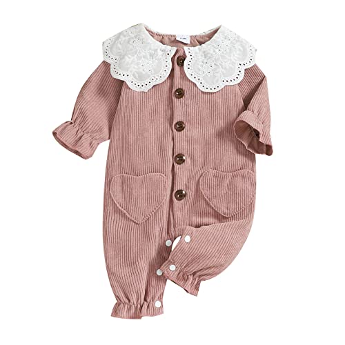 Bagilaanoe Infant Baby Girl's Romper, LongPeter-Pan Collar Button Jumpsuit Bodysuit Corduroy One Piece Clothes Fall Winter (Pink, 6-9 Months)