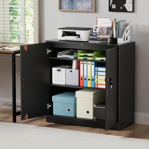 buybyroom Armario Oficina con Cerradura Llave 2 Puertas, Armario Multiusos Almacenaje para Cocina Archivador Oficina Dormitorio Garaje Herramientas y Salon, Baldas Ajustable, 87 cm Fondo, Negro