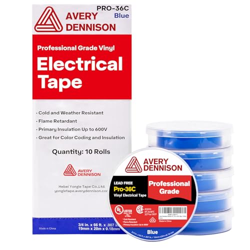 Image of Avery Dennison Electrical Tape, 10 Rolls Professional Grade PVC Electric Tape, UL /CSA Listed in x 66 ft Insulating Vinyl Tape for Electrical, Repairs, Automotive and Equipment, Pro-36C, Blue
