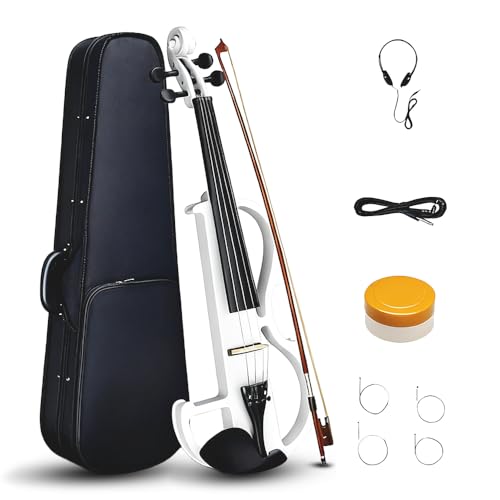 EMILOREY Full Size 4/4 Electric Violin Solid Basswood Metallic Electric Fiddle for Beginner Set with Case Bow, Rosin, Headphone & White