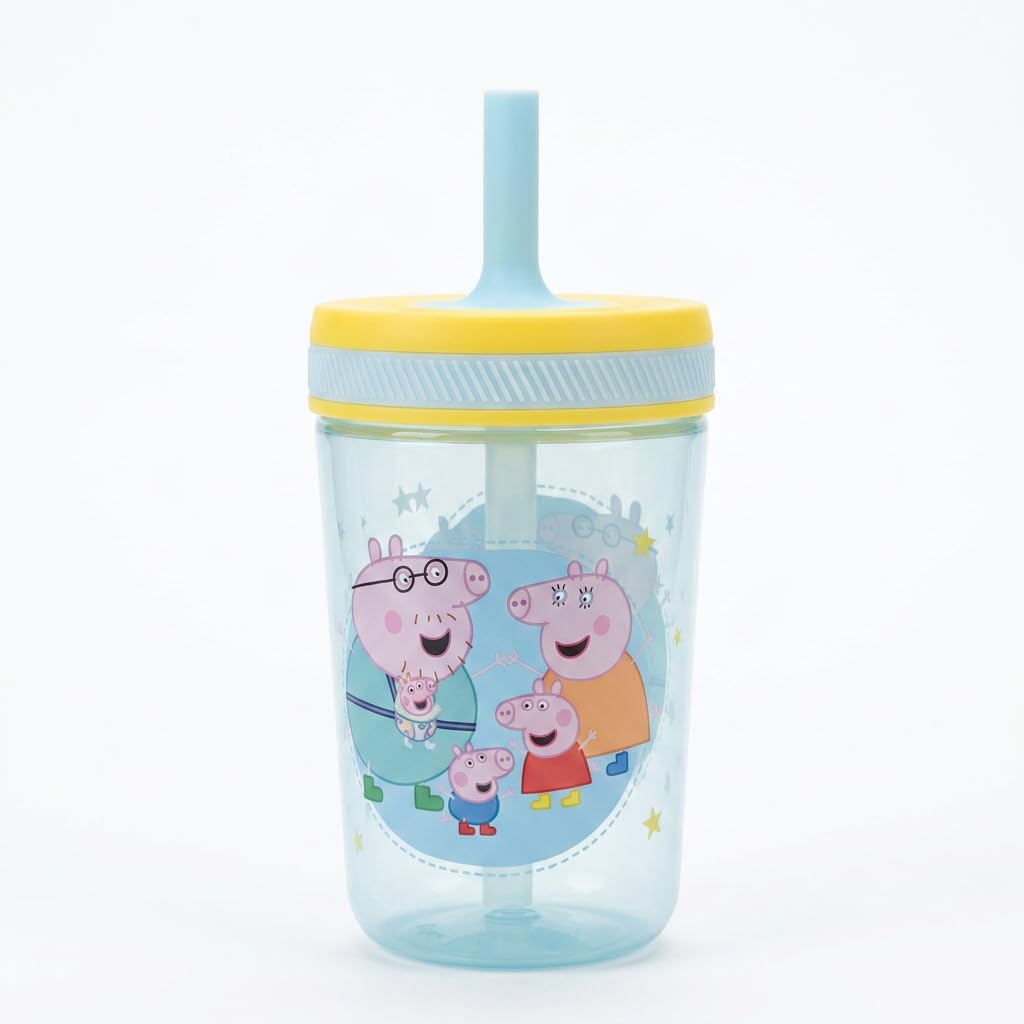 Peppa Pig Kids Water Bottle with Straw 443ml Kelso Bottle – Leak Proof BPA-Free Children’s Drinking Bottle with Soft Sipper Straw, Peppa Pig George Mummy & Daddy Pig Design, School Lunch Bottle