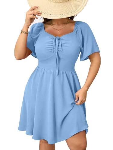 Image of RWJ Women Plus Size Summer Dress Short Sleeve Tie Front Sweetheart Neck Casual Mini Wedding Guest Dresses 2025