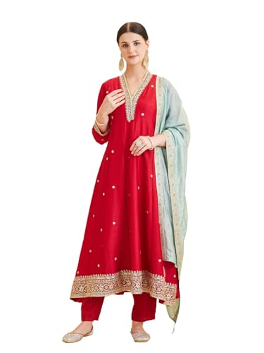 Image of MOKOSH Women's Silk Embroidery Anarkali Kurta Pant with Dupatta | Anarkali Kurta Set |Embroidered |V Neck Full Sleeve Ethnic Suit |3 Piece Outfit