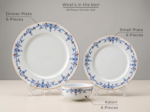 Image of Bodhi House Premium Porcelain Dinner Set 18 Pieces Serving for 6 | Royal Crest Design | Microwave & Dishwasher Safe | Crockery Set | Dinnerware Set for Home, Dining, Kitchen & Gifting