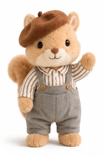 Image of Cuddles Squirrel Soft Toy Plush, Cute Stuffed Animal with Beret Hat and Overalls, Holding Pine Cones Size 30 cm