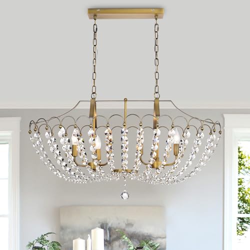 6-Light Vintage Brass Finish Crystal Chandelier, Crystal Hanging Light Fixture