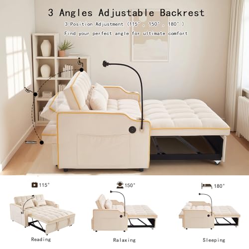 Image of Convertible Sofa Bed, 3 in 1 Futon Sofa Bed with USB Charging Ports, Cup Holder, Phone Stand & Pocket, Modern Upholstered Sleeper Sofa for Living Room, Apartment or Small Space (Beige-L)