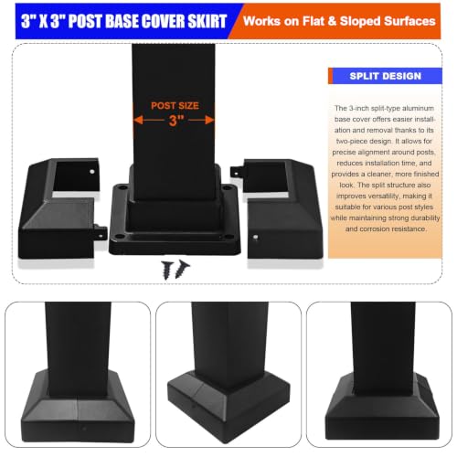 Image of Aluminum Split Post Base Cover fit 3 inch Post, Decorative Square Railing Base Trim, Post Base Plate Cover, Fence Post Flange Skirt for Patio, Porch, Stair, and Railing Systems, Textured Black (24)