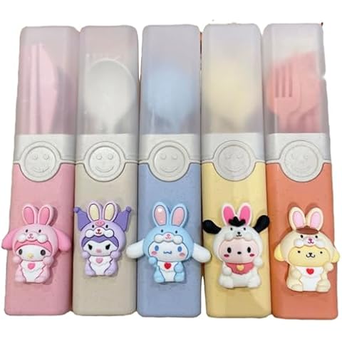 hombäde Plastic Cutlery Tableware Flatware Silverware 5 Piece Set Portable Reusable Travel Cute Kawaii Anime Cartoon Dog Bunny for Boys and Girls Cover