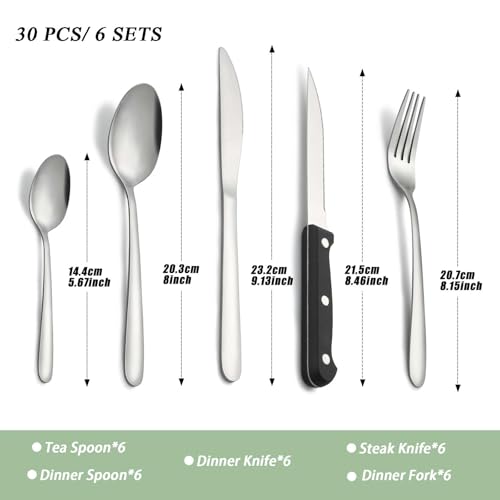 Pleafind couverts avec couteau a steak, 30 pièces couverts de table pour 6 personnes, couvert en argent comprenant cuillère, couteau, fourchette, set couverts de table inox, lave-vaisselle – vue 2