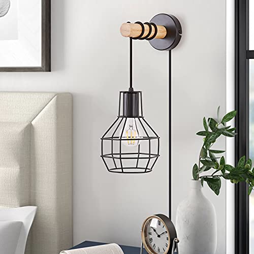 Image of Industrial Wall Sconces with Plug in Cord, Farmhouse Lamps with Switch Vintage Classy E26 Edison Metal Mounted Lights Fixture Wood for Bedroom,Living Room,Hallway