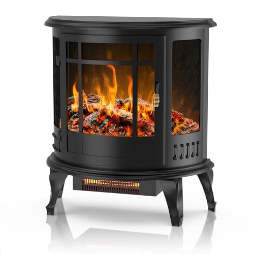 Freestanding Electric Fireplace Stove with 3D Flame Effect, 1500W/1000W Quiet Heating Electric Fireplace Heater, Thermostat Control, Overheating Protection, Portable for Indoor Use, Black, 25 inch