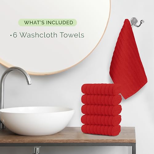 Image of Elegant Comfort 100% Turkish Cotton Corduroy Ribbed Luxury Washcloths 6 Pack Soft 13 x 13 Inch - Higly Absorbent, Durable, Quick Dry, Spa Premium Hotel Quality for Bathroom or Travel, Red