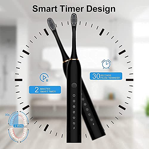 Electric Toothbrush, USB Rechargeable Powerful Sonic Toothbrush with 6 Cleaning Modes and Smart Timer, IPX7 Waterproof Ultrasonic Whitening Toothbrushes with 8 Brush Heads for Adults and Kids(Black)…