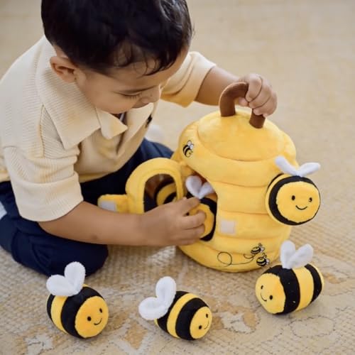 Image of TurtleBee Sensory Bee Baby Toy for 1 year Old - Montessori Soft Beehive Hide & Seek Toy with Plush Bumble Bees, Crinkle, Rattle & Mirror | Developmental Toys for Toddlers | Birthday Gift for 1,2,3 Years Old