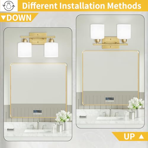 Image of 2 Light Bathroom Vanity, Bathroom Lights Over Mirror with Milky White Frosted Glass Shades, Gold Vanity Light for Mirror Living Room Bedroom Hallway E26 Base