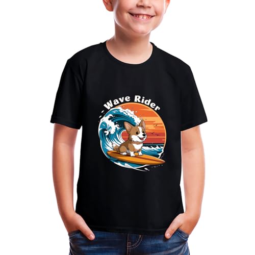Cute Corgi Surfing on The Great Waves Off Kanagawa Black T Shirt Kids for 2-12 Years Old Children2
