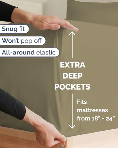 Image of Extra Deep Twin XL Sheet Set - 4 Piece Breathable & Cooling Sheets - Khaki | Hotel Luxury Bed Sheets Set, Easy & Secure Fit, Ultra-Soft, Wrinkle & Fade Free, Comfy Sheets Set with Extra Deep Pockets