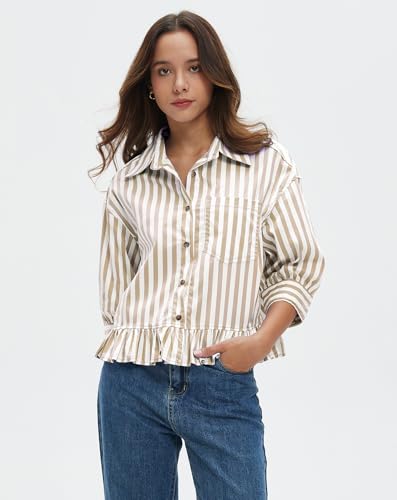 Womens Button Down Striped Shirts Peplum Ruffle Hem 3/4 Sleeve Casual Loose Babydoll Blouse Tops with Pocket4