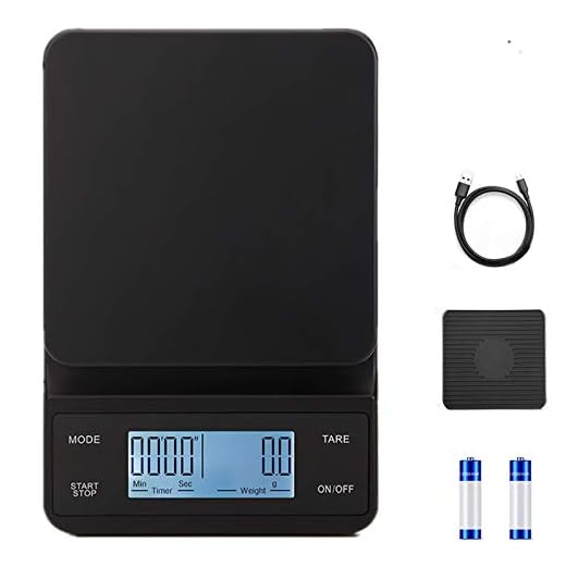 3T6B Báscula de Café Digital, 3 kg/0.1 g Báscula Cocina Hornear de Alta Precisión, Báscula Alimentos con Función Tara con Tapete Antideslizante y Temporizador LCD (Luz Blanca, Carga USB)