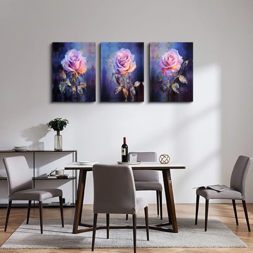 DZRWUBHS Large Canvas Wall Art Painting Wall Decor for Bedroom Living Room Rose Flowers Wall Pictures Modern Office Floral Wall Decorations Farmhouse Minimalist Vintage Posters Ready To Hang 3 Piece