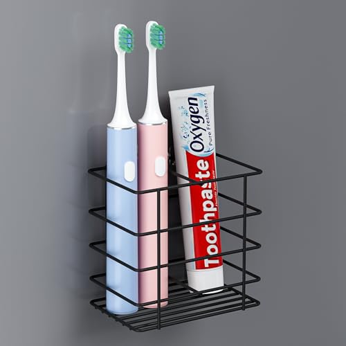 Oasiteege Adhesive Toothbrush Holder Wall Mounted, Suction Toothpaste Organizer for Shower, Hanging Razor Tooth Brush Holder Storage Caddy with Drainage, Black Bathroom Accessories and Decor