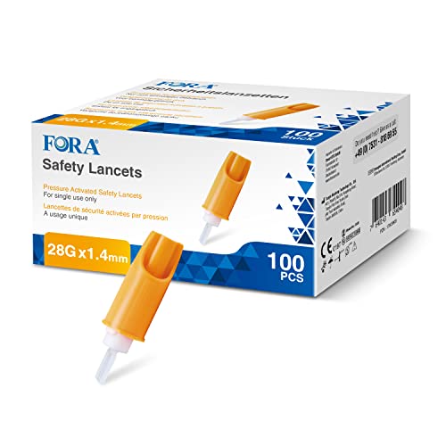 FORA Lancetas para extracción de sangre, 28G, 1,4 mm, glucosa, 100 unidades, se pueden utilizar sin dispositivo de punción