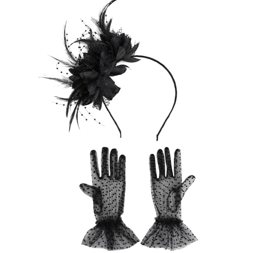 HTTDSLF 2 Pièces Fascinator Femme Plumage Bandeau, Bandeau Plumes de Fleur, Fascinator Fleur Maille Dentelle Chapeau, Noir Années 1920 Coiffure Bandeau, pour...