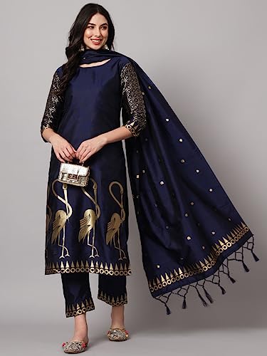 Image of VredeVogel Women's Cotton Silk Jacquard Kurta Pant Set with Banarasi Silk Dupatta
