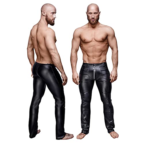 FASZFSAF Pantalon Cuir PU Mince Sexy pour Hommes, Pantalon en Cuir Verni à Fermeture éClair, Pantalon en Cuir Performance de Bande Discothèque Disco,Noir,M