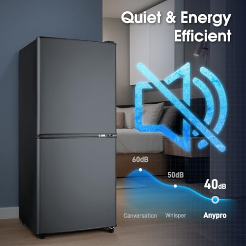 Anypro Fridge with Bottom Freezer and Drawer, 4.0 Cu.Ft Double Door Refrigerator with 7 Adjustable Temperature Settings for Bedroom, Dorm, Office, Apartment, Large Capacity, Black on Fridge.com