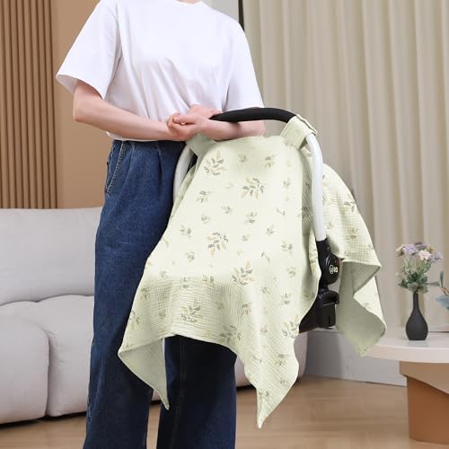 Image of 100% Muslin Cotton Car Seat Cover Baby, Carseat Canopy Cover, Universal Fit Stroller Covers for Boys and Girls (Green Beige Leaf)