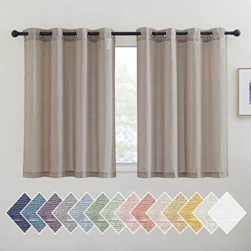 NICETOWN Semi Sheer Linen Curtains 45 inch Long for Small Window, (Burlap) Grommet Linen Sheer Curtains Privacy with Light Filtering Drapes for Cafe/Kitchen, 2 Panels, W52 x L45