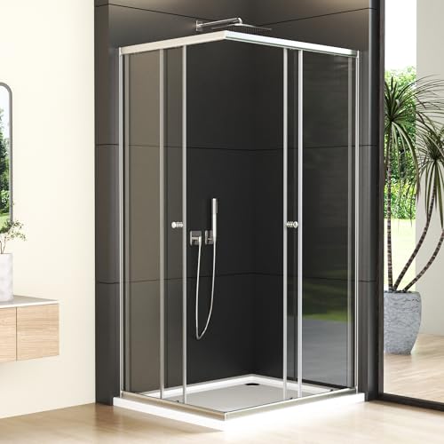 Doppel Schiebetür Duschkabine 80x100x185cm Eckeinstieg Schiebetüren Duschabtrennung 6mm ESG Glas Dusche eck Silber Duschwand, Duschtür Höhe 185cm, Montage auf Duschwanne oder Fliese