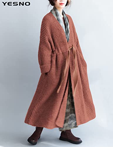 YESNO Women Casual Loose Oversized Chunky Cable Knit Open Front Coats Cardigan Sweaters Long Outerwear with Pockets YQA3