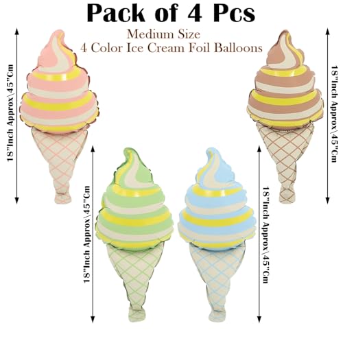 Image of Rozi Decoration Ice Cream Shape Foil Balloons Set of 4 for Birthday Parties Decoration, Colorful Cone Theme Balloons for Kids Celebration, Summer Party and Dessert Theme Decor (Multicolor)