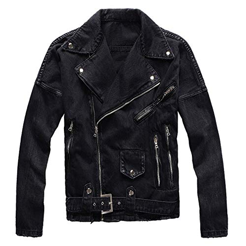 Yiqinyuan Men's Zippers Black Biker Jean Jacket Streetwear Thick Denim Slim Coat With Belt