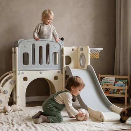 hoopyosms Kinder Rutsche mit Klettergerüst, Basketballkorb und Tunnel, Indoor-Kunststoffrutschenset für Kinder, Montessori-Spielzeug für den Spielplatz, Grau